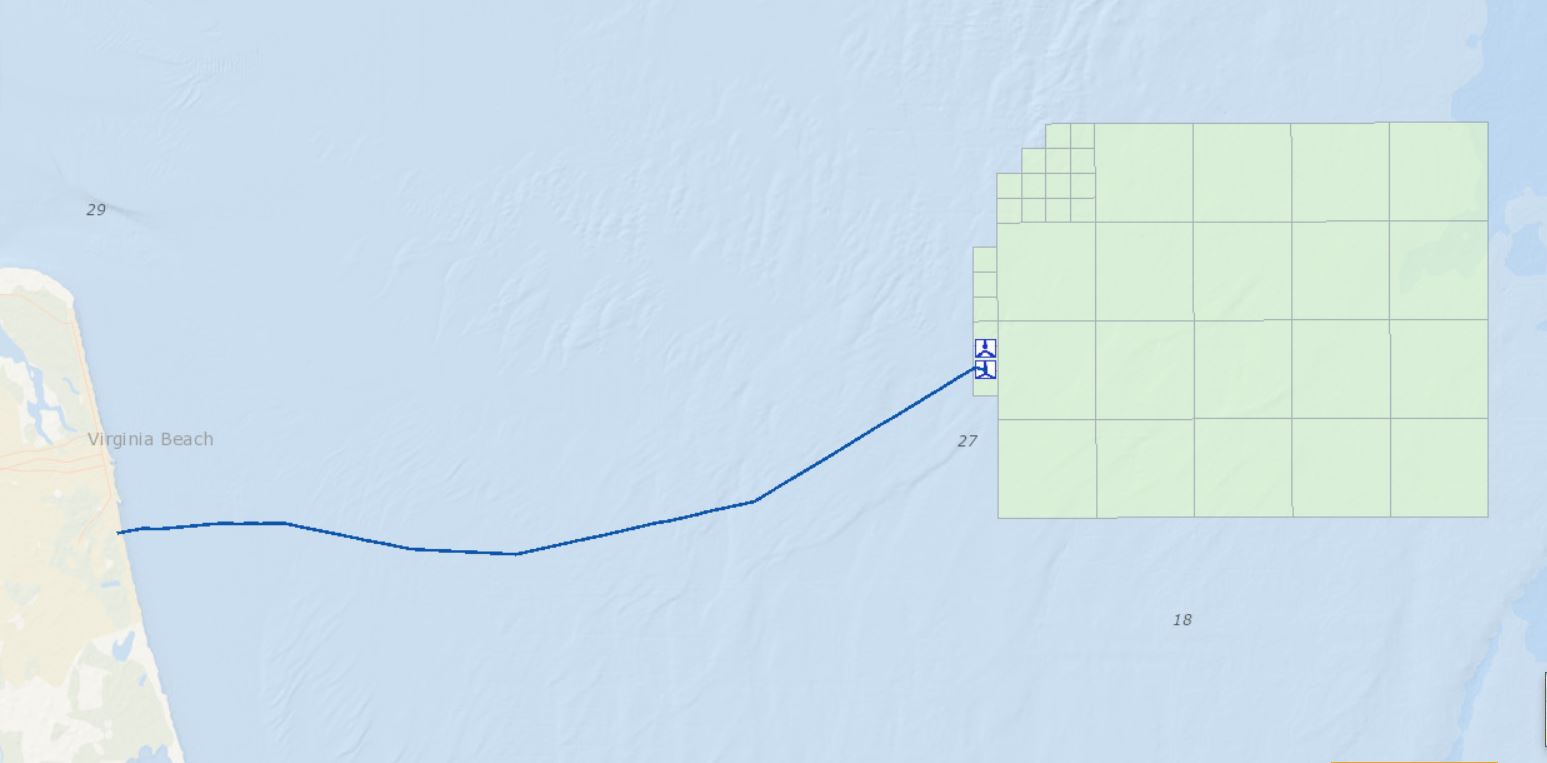 The locations of two active wind energy turbines off the coast of VA Beach_ VA