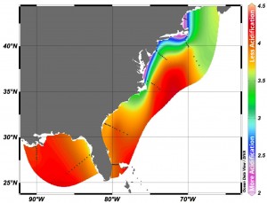 map from NOAA showing the aragonite saturation state in surface water off the Northeast and Southeast US which is an indicator of ocean acidification
