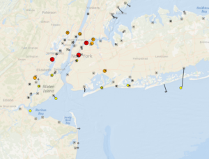 map of wastewater outfalls and treatment plants off New York City area and norther New Jersey