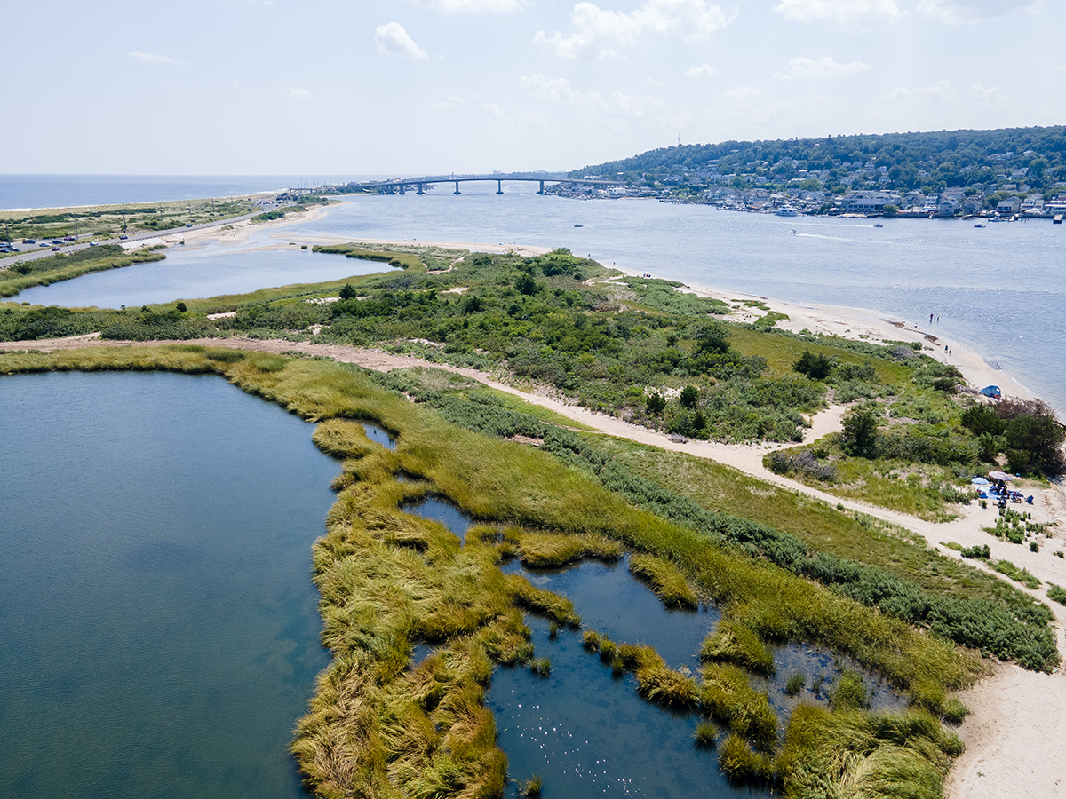 Aerial view of a coastal marsh area.