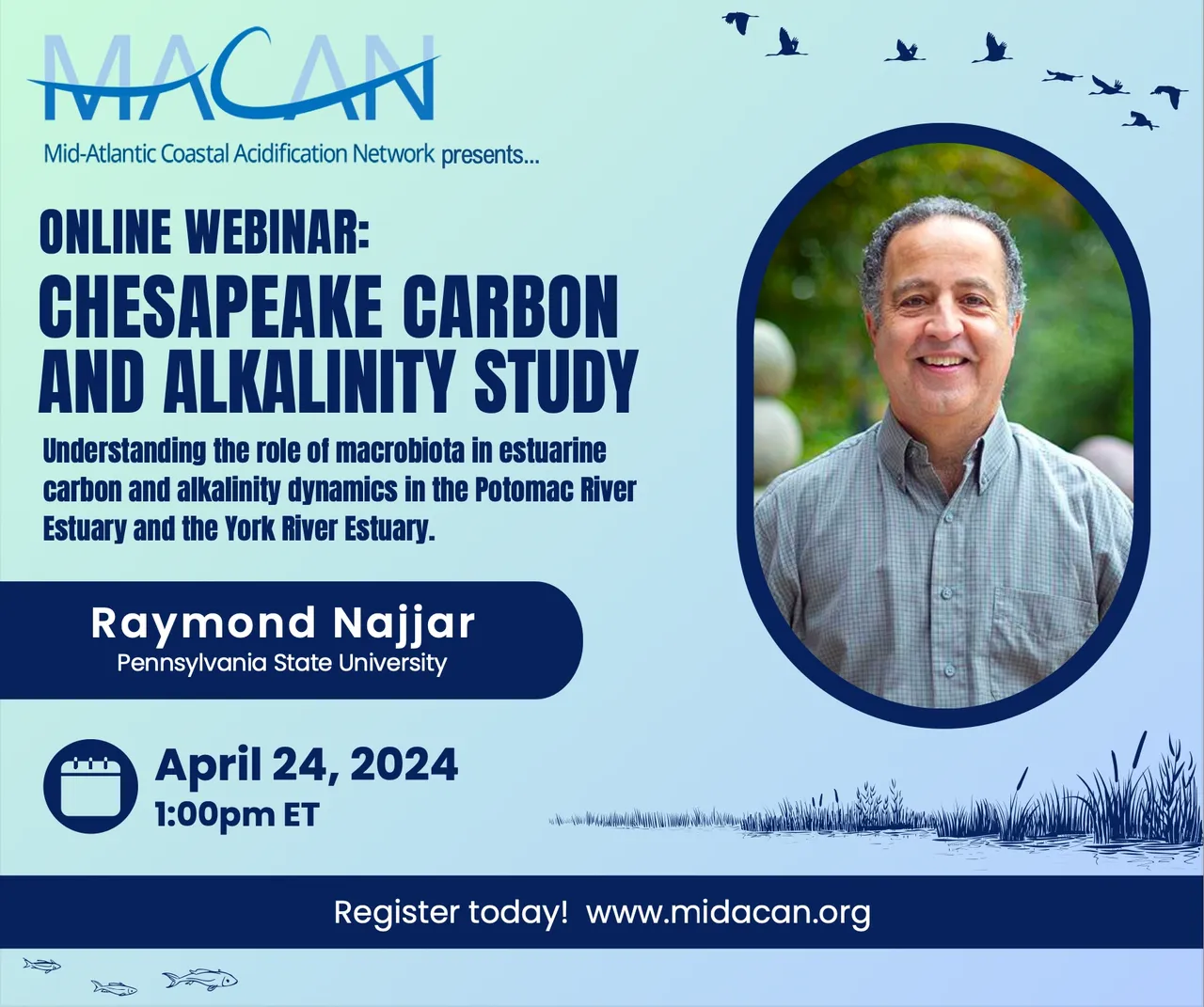 Flyer reading: Online Webinar<br />
Chesapeake Carbon and Alkalinity Study<br />
Understanding the role of macrobiota in estuarine carbon and alkalinity dynamics in the Potomac River Estuary and the York River Estuary<br />
Raymond Najjar<br />
Pennsylvania State University<br />
April 24, 2024