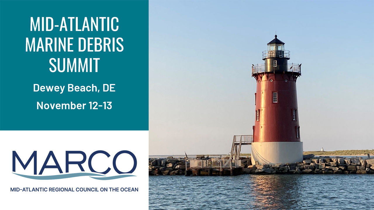 25_marine debris_summit_header An image of a lighthouse with text reading Mid'Atlantic Marine Debris Summit, Nov. 12-13, Mid-Atlantic Regional Council on the Ocean